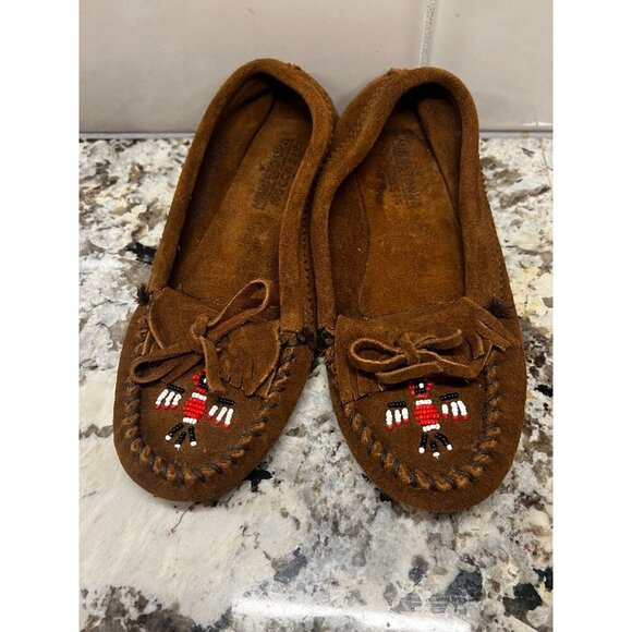 Minnetonka Womens Beaded‎ Moccasins Brown Suede Slip-On Shoes Size 6 - Picture 1 of 6